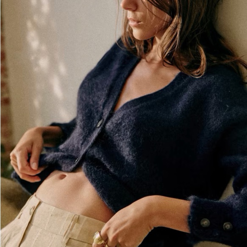 Sezane Mia Cardigan in Navy - wool & kid mohair balloon sleeves